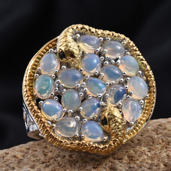 GP Ethiopian Welo Opal (Ovl), Kanchanaburi Blue Sapphire, Boi Ploi Black Spinel and White Topaz Ring in Platinum and Yellow Gold Overlay Sterling Silver 3.750 Ct.