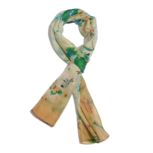 SILK MARK- Made in Kashmir 100% Silk Green, Golden and Multi Colour Floral and Butterfly Pattern Whi