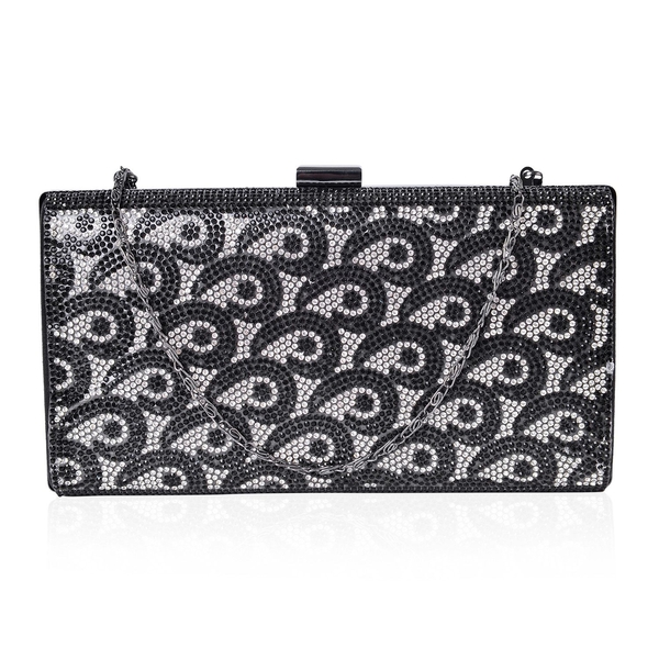 Designer Inspired-Black and White Austrian Crystals Embellished Clutch Bag with Chain Strap in Black