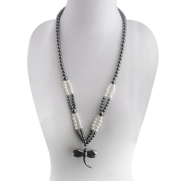 Creature Couture- Dragonfly Necklace (Size 32) with White Shell Pearl and Hematite 750.000 Ct.