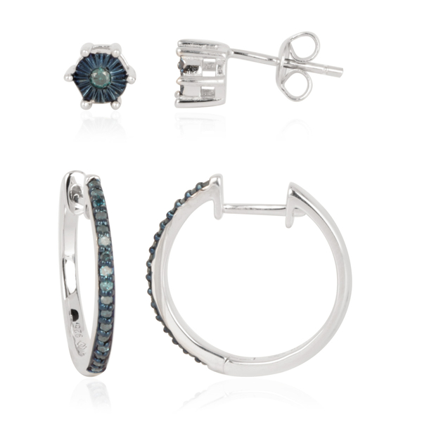 Set of 2 - Blue Diamond (Rnd) Hoop (With Clasp) and Stud Earrings (With Push Back) in Sterling Silve