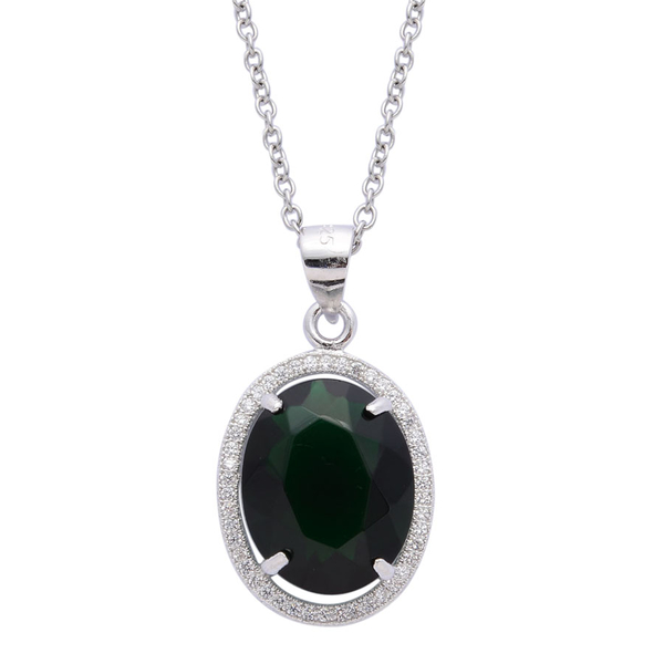 AAA Simulated Emerald and Simulated White Diamond Pendant With Chain (Size 18) in Rhodium Plated Ste