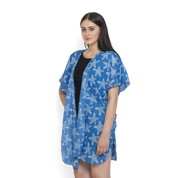 Hand Dyed 100% Cotton Starfish Pattern Blue Colour Poncho (Free Size)