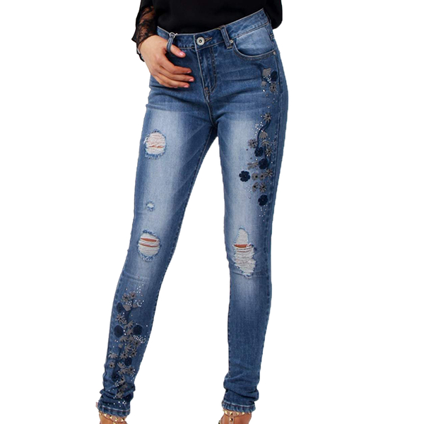 Blue Floral Embroidered Diamante Detail Skinny Jeans 