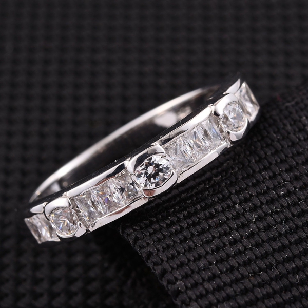Lustro Stella - Platinum Overlay Sterling Silver (Rnd) Half Eternity Ring Made with Finest CZ