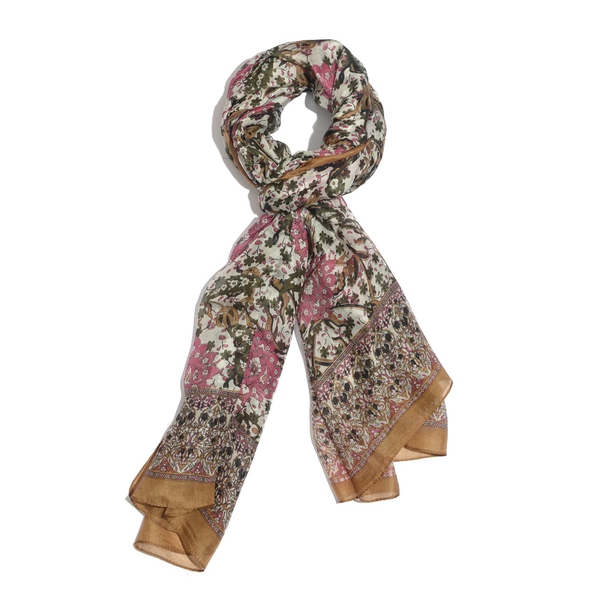 100% Mulberry Silk Pink and Multi Colour Floral Pattern Chocolate Colour Scarf (Size 180x100 Cm)