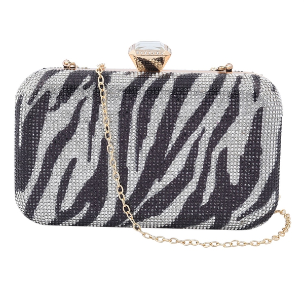 Zebra Pattern White Austrian Crystal Studded Clutch Bag with Long Chain Strap (Size 20x12x4 Cm) - Bl