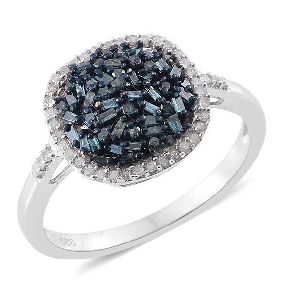Blue Diamond (Bgt), White Diamond Cluster Ring in Platinum Overlay Sterling Silver 0.750 Ct.