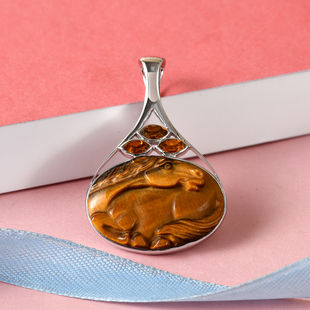 Sajen Silver NATURES JOY Collection - Tigers Eye and Doublet Quartz Pendant in Platinum Overlay Ster