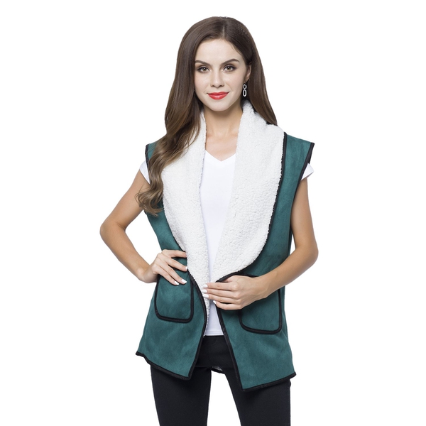 New Season - Green Colour Drape Collar Sherpa Style Gilet (Size 80X50 Cm) with Pockets (Size 14X12 C