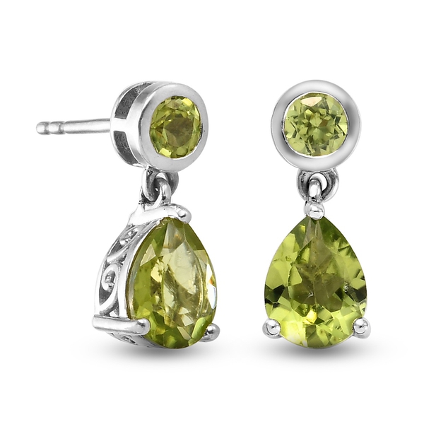 AA Hebei Peridot (Pear and Rnd) Drop Earrings (with Push Back) in Platinum Overlay Sterling Silver 2.89 Ct.
