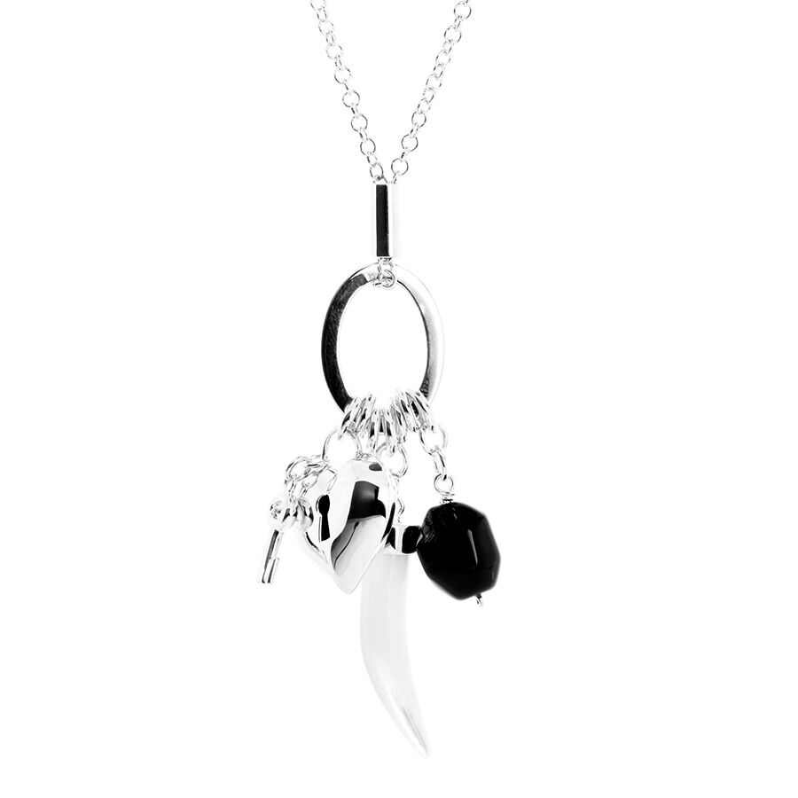 Silver Heart Mother Of Pearl Horn, Black Onyx And Heart Lock Charm Necklace Of 24 Inch