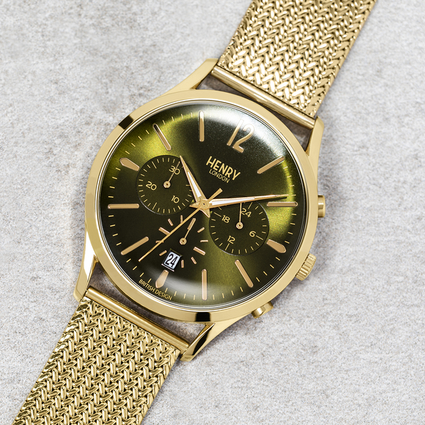 HENRY LONDON Chiswick Mens Green Dial Mesh Bracelet Watch in Gold Tone