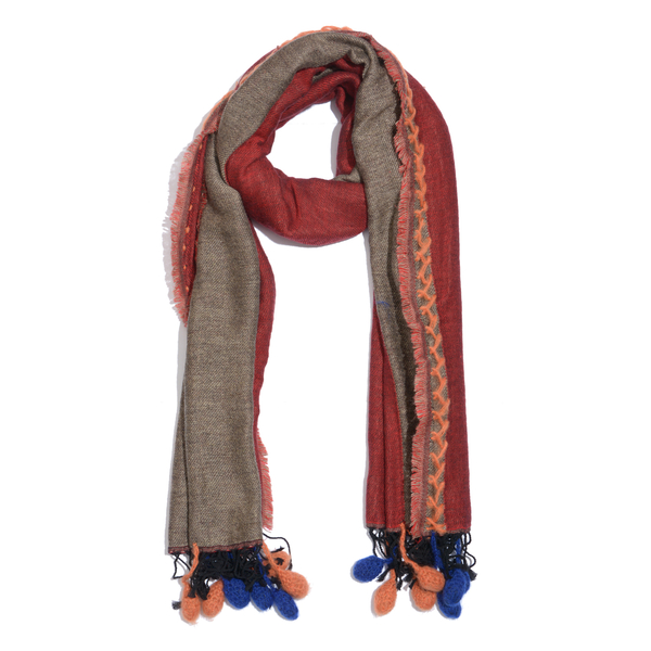 One Time Deal Designer Inspired Wool Red and Brown Colour Scarf with Pom Pom (Size 180X70 Cm)