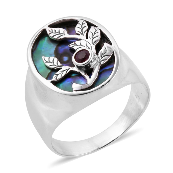 Royal Bali Collection Abalone Shell and African Ruby Leafs Ring in Sterling Silver, Silver wt 6.70 G