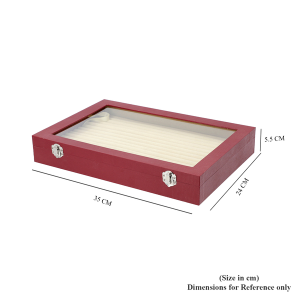 150 Slot Ring Box with Acrylic Window and Anti Tarnish Lining Trinket Jewellery Organiser (Size 35x24x5 Cm) - Wine Red