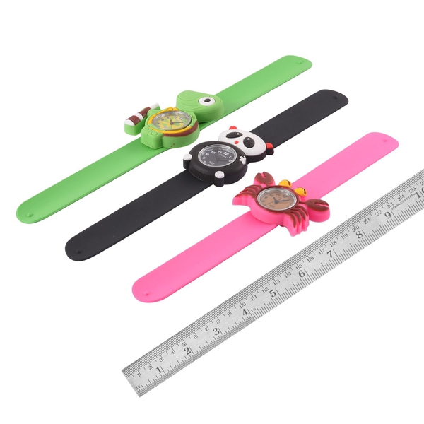 Set of 3 - STRADA Japanese Movement Water Resistant Panda, Turtle and Crab Watch with Green, Black and Rose Red Silicone Strap