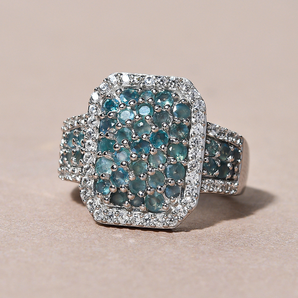 Alexandrite and Natural Cambodian Zircon Cluster Ring in Platinum Overlay Sterling Silver 1.94 Ct, Silver Wt. 5.90 Gms