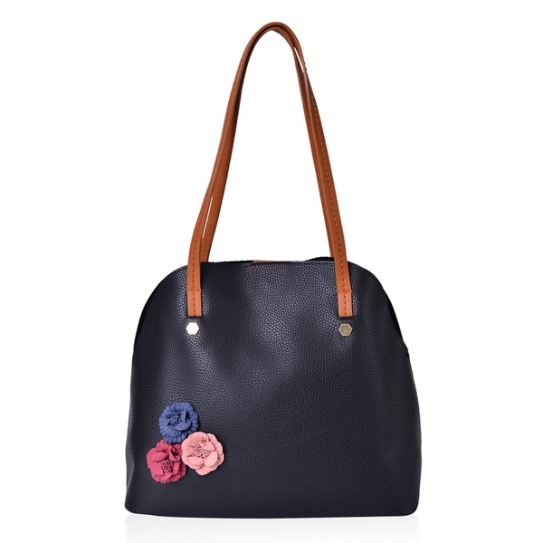 Set of 2 - Multi Colour 3D Flowers Embellished Black Colour Handbag (Size 34X29X15 Cm) and Pouch (Size 27X20X7 Cm)