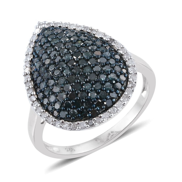 Blue Diamond (Rnd), White Diamond Cluster Ring in Platinum Overlay Sterling Silver 2.000 Ct.