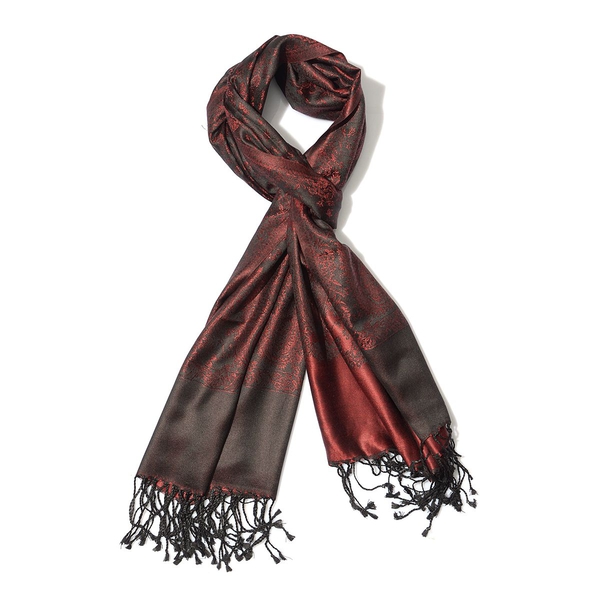 100% Superfine Silk Dark Red Colour Jacquard Jamawar Shawl with Fringes (Size 185x70 Cm) (Weight 125