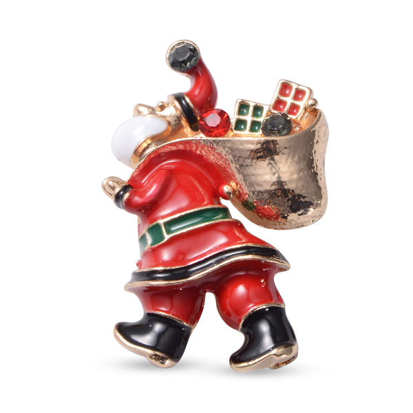 Christmas Red and Green Austrian Crystal Santa Claus Enamelled Brooch Cum Pendant in Yellow Gold Ton
