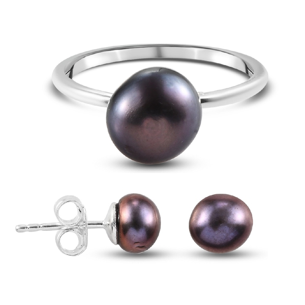 OTO - 2 Piece Set -  Fresh Water Peacock Pearl Solitaire Ring and Solitaire Stud Push Post Earring  