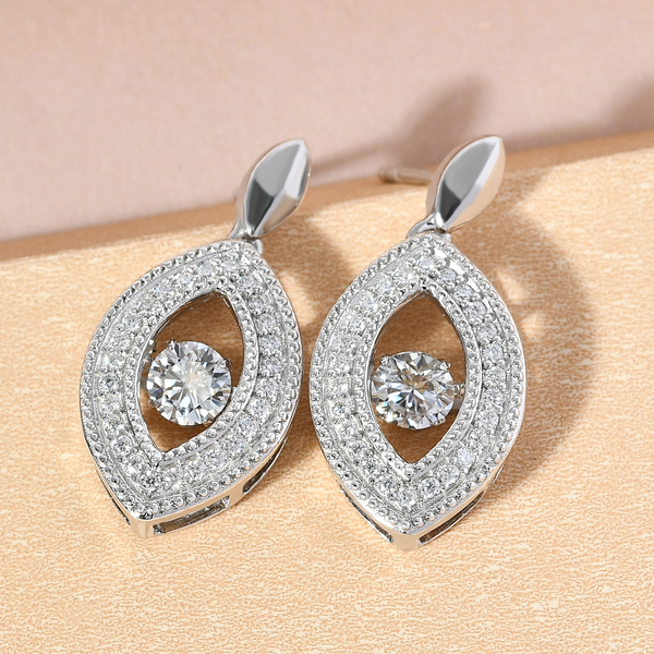 Moissanite Dangling Earrings (With Push Back0 in Platinum Overlay Sterling Silver, 5.39 Gms.