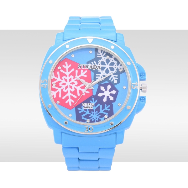 STRADA Japanese Movement White Austrian Crystal Studded Blue Snowflake Dial Water Resistant Watch in Silver Tone with Stainless Steel Back and Blue Strap