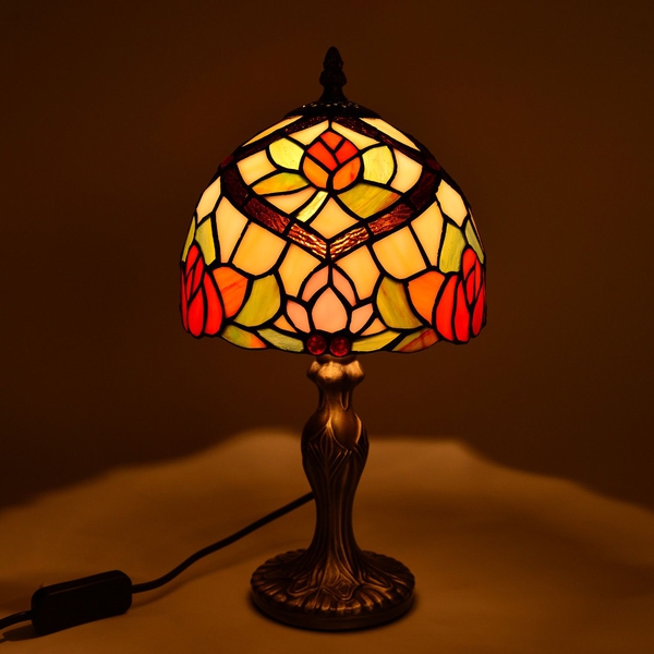 Limited Edition - Tiffany Style Table Lamp with Stained Glass Green, White and Multi Colour Red Colour Stones