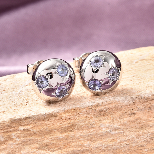 Tanzanite Stud Earrings (with Push Back) in Rhodium Overlay Sterling Silver
