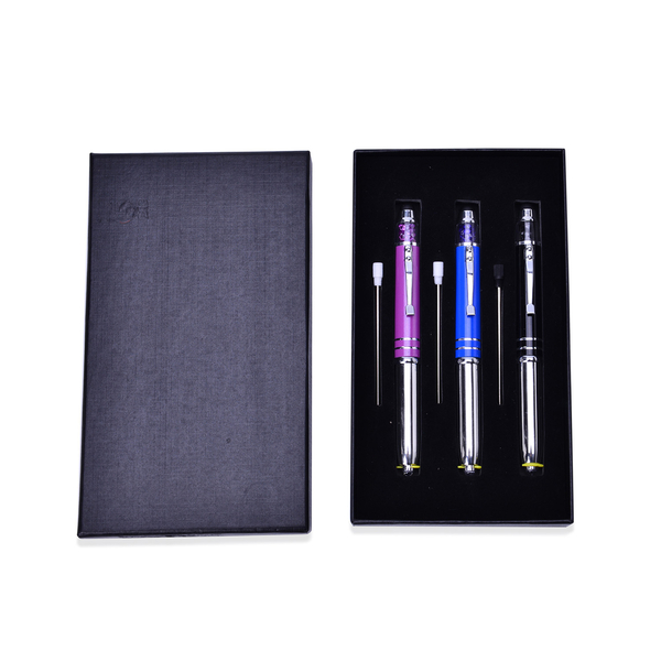 Set of 3 - Silver Tone Pen (Black with Black Ink, Blue with Blue Ink and Lavender Purple with Red In