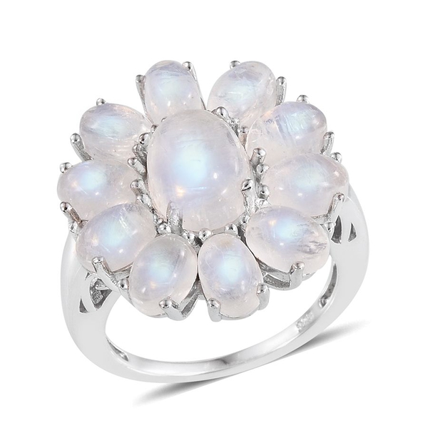Natural Rainbow Moonstone (Ovl 2.00 Ct) Floral Ring in Platinum Overlay Sterling Silver 8.000 Ct.