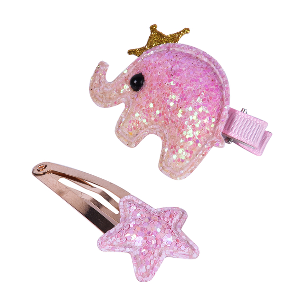 2 Piece Set - Light Pink and Gold Colour Elephant and Star Design Kids Hair Clips (Size 5x3.5x4 cm)