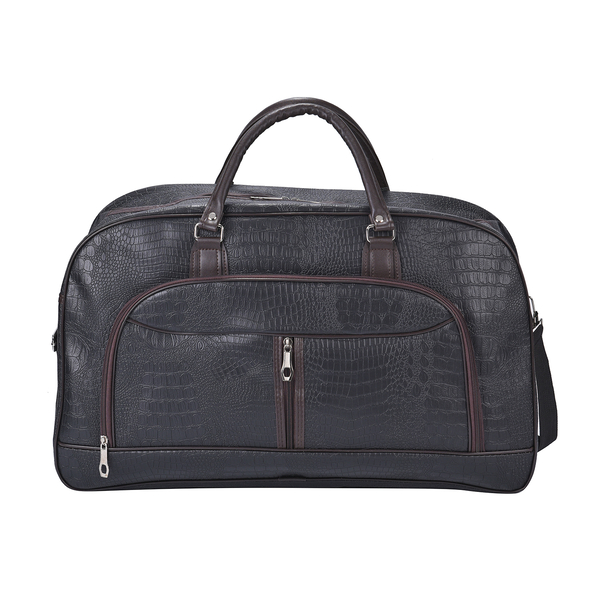 Croc Pattern Middle Travel Bag with Shoulder Strap - Black