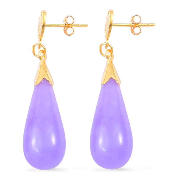 Purple Jade Chinese Character FU (Happiness) Drop Earrings (with Push Back) in Yellow Gold Overlay Sterling Silver 31.500 Ct.