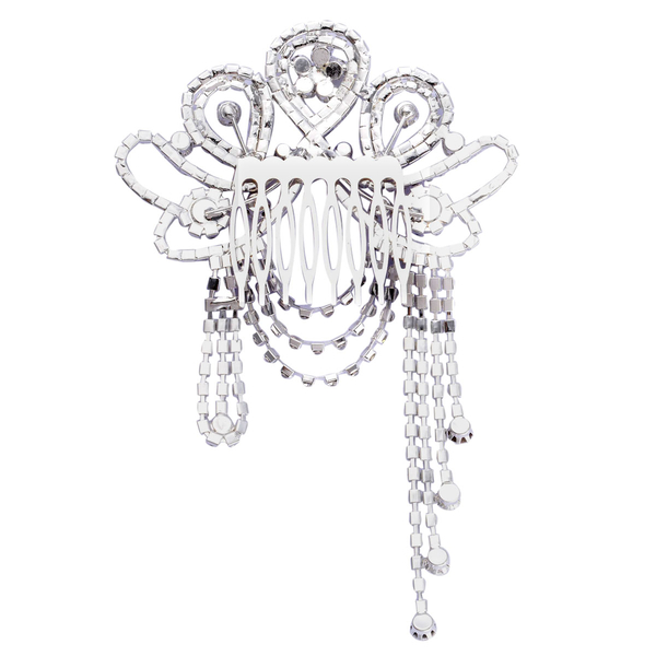(Option 2) Simulated White Diamond and White Austrian Crystal Hair Bow Comb in Silver Tone