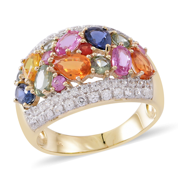 Cocktail Collection- 9K Yellow Gold AAA Rainbow Sapphire and Natural White Cambodian Zircon Ring 4.3