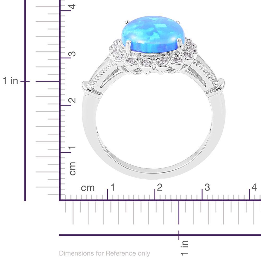 New Concept - AAAA Simulated Ocean Blue Opal and Simulated White Diamond Ring in Rhodium Plated Sterling Silver