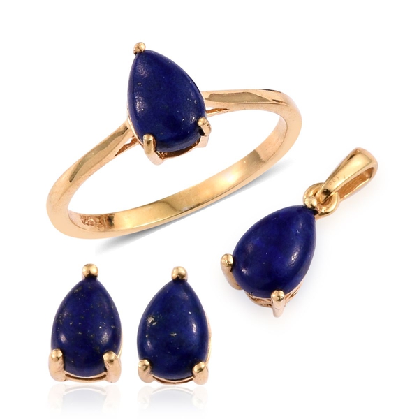 Lapis Lazuli (Pear) Solitaire Ring, Pendant and Stud Earrings (with Push Back) in 14K Gold Overlay S