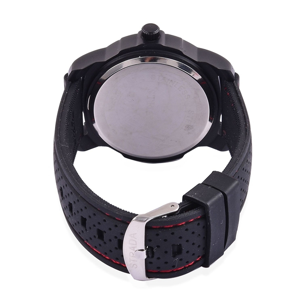 STRADA Japanese Movement Black Colour with Red Marks Dial Water Resistant Watch in Black Tone with Stainless Steel Back and Black Colour Rubber Strap
