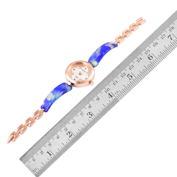 Designer Inspired-STRADA Japanese Movement Blue Austrian Crystal Studded White Dial Watch in Rose Gold Tone with Blue Colour Strap