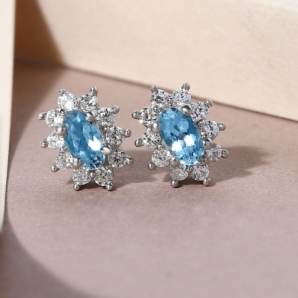 Espirito Santo Aquamarine and Natural Cambodian Zircon Stud Earrings (with Push Back) in Platinum Overlay Sterling Silver 1.00 Ct.