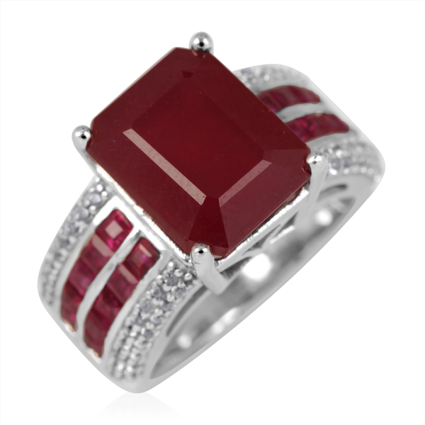 African Ruby (Oct 9.50 Ct), Ruby and Natural Cambodian Zircon Ring in Rhodium Plated Sterling Silver 11.100 Ct.