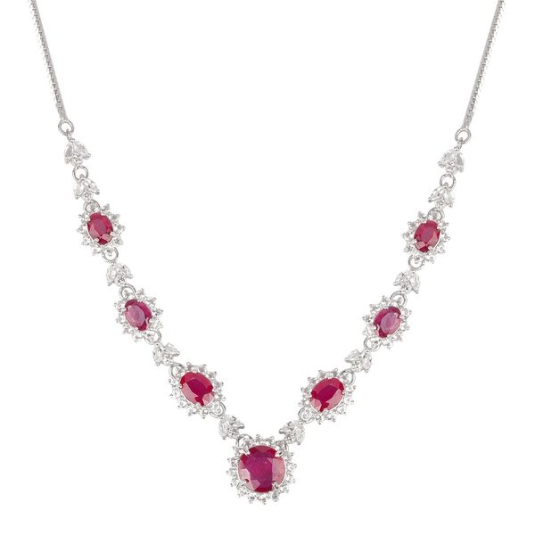 African Ruby (Rnd 5.40 Ct), White Topaz Necklace (Size 18) in Sterling Silver 37.020 Ct.