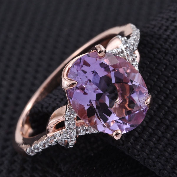 GP Rose De France Amethyst (Ovl 3.05 Ct), Natural Cambodian Zircon and Kanchanaburi Blue Sapphire Ring in Rose Gold Overlay Sterling Silver 3.250 Ct.