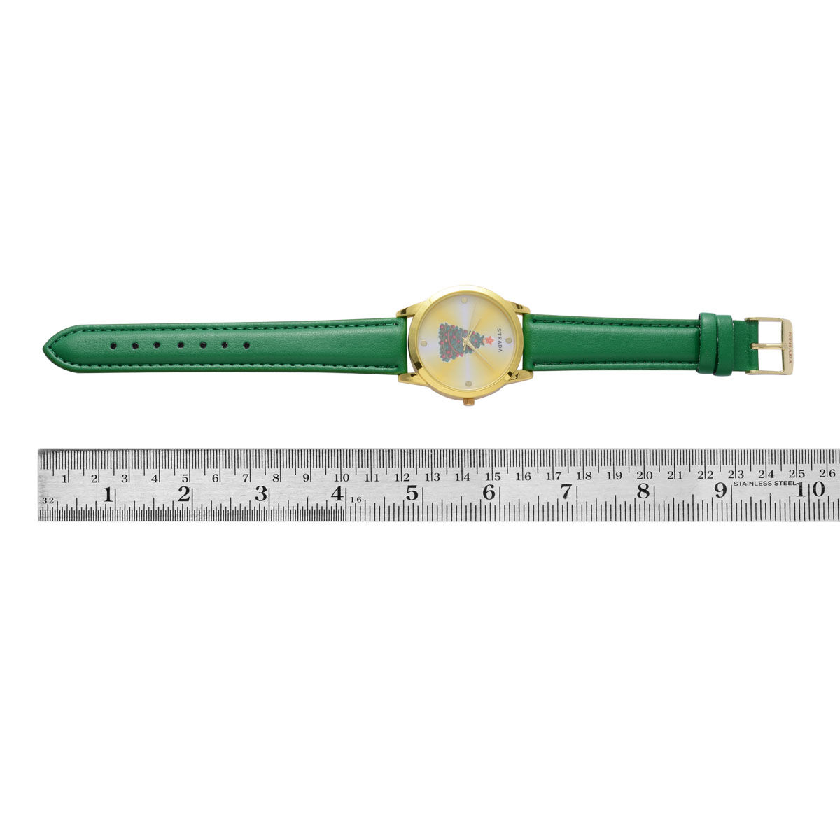 STRADA Japanese Movement Christmas Tree Printed Yellow Dial Water Resistant Watch in Gold Tone with Green Strap