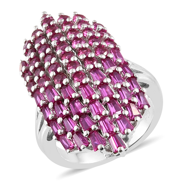 One Time Deal - Designer Inspired Lab Grown Ruby (Round & Taper Baguette) Cocktail Ring in Silver Pl