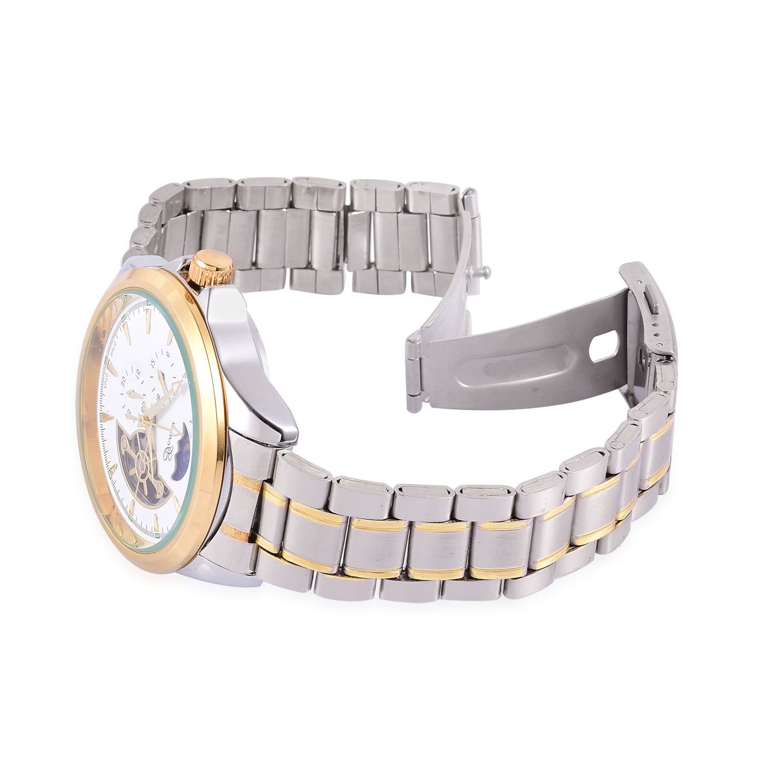 GENOA Automatic Skeleton White and Golden Dial Water Resistant Watch in Gold Tone with Stainless Steel Back and Chain Strap