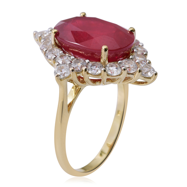 Limited Edition- 9K Yellow Gold Very Rare Size AAA African Ruby (Ovl 14X 10 mm 8.75 Ct), Natural White Cambodian Zircon Ring 11.000 Ct.